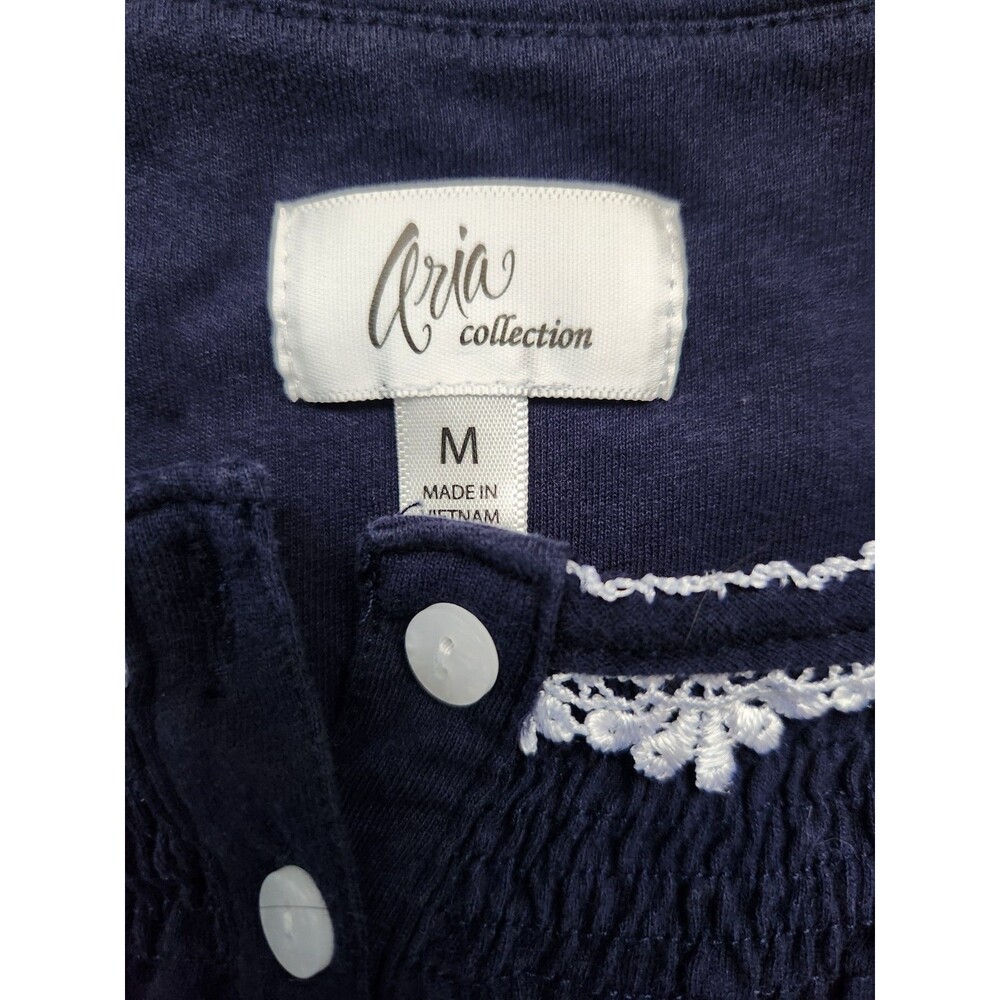 ARIA COLLECTION Nightgown Women’s M Navy Blue White Trim Pockets Cottagecore - Picture 3 of 5